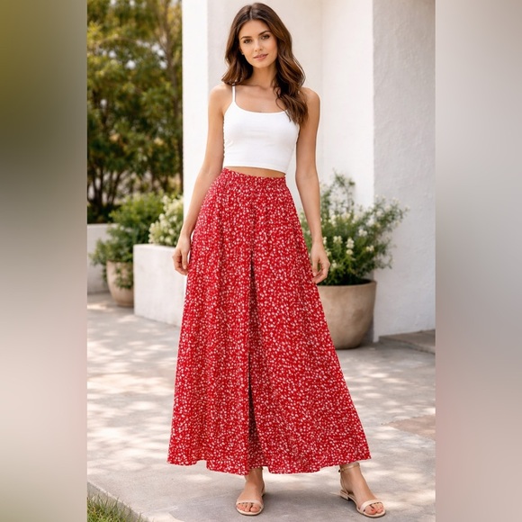 Blue Time Dresses & Skirts - Blue Time Red Floral Maxi Skirt w/Stretchy Waist Band